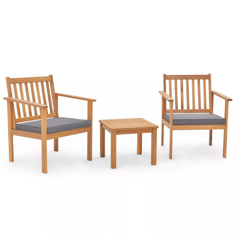 3 Pieces Patio Wood Furniture Set Acacia Wood Chairs & Coffee Table Set with Soft Seat Cushions & Slatted Design for Porch Yard Balcony