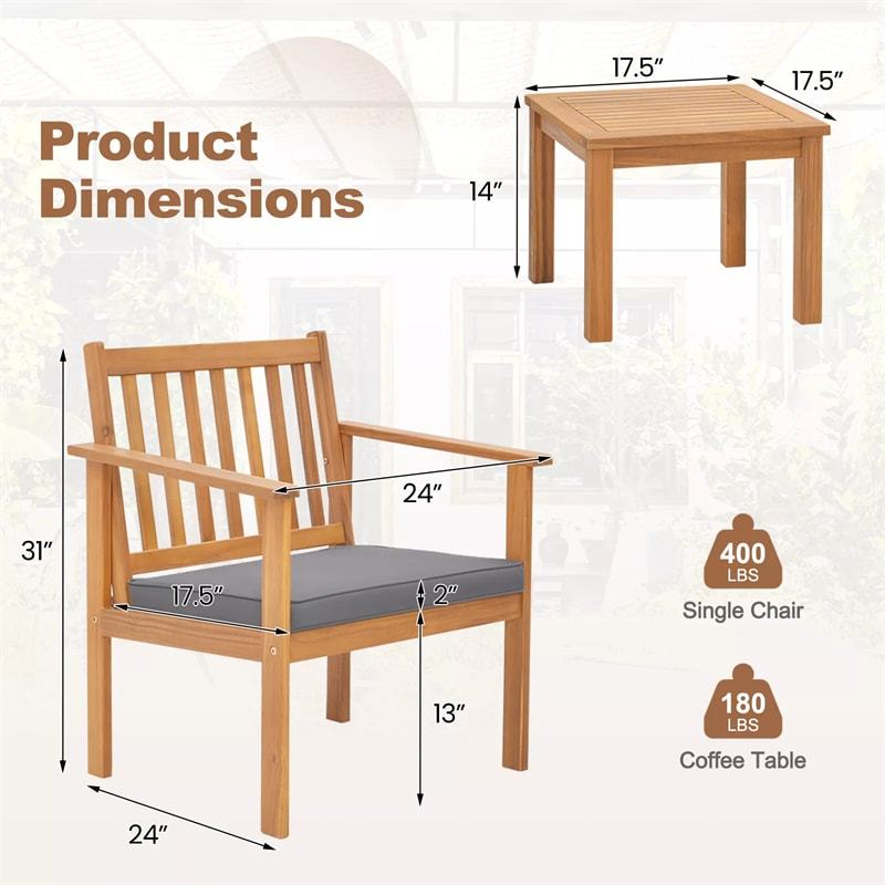 3 Pieces Patio Wood Furniture Set Acacia Wood Chairs & Coffee Table Set with Soft Seat Cushions & Slatted Design for Porch Yard Balcony