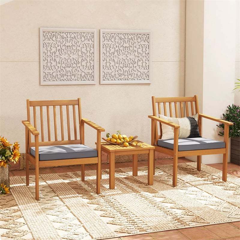 3 Pieces Patio Wood Furniture Set Acacia Wood Chairs & Coffee Table Set with Soft Seat Cushions & Slatted Design for Porch Yard Balcony