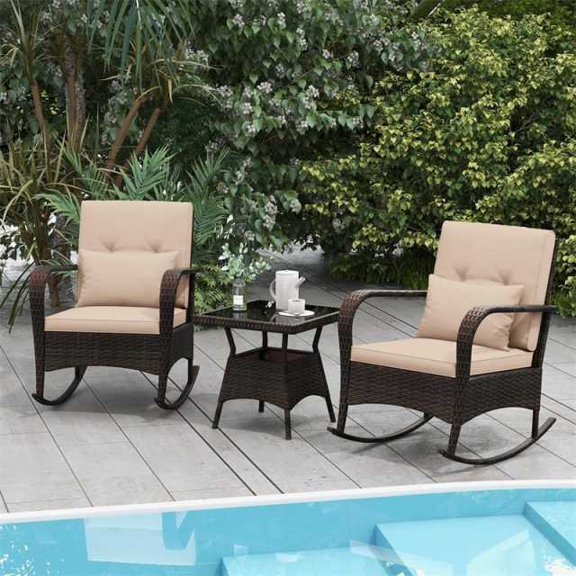 3-Piece PE Rattan Rocking Bistro Set with Removable Cushions & Tempered Glass Table, Outdoor Patio Furniture Set for Porch, Poolside, Backyard