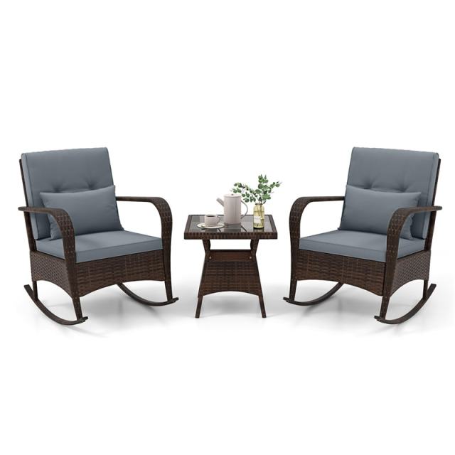 3-Piece PE Rattan Rocking Bistro Set with Removable Cushions & Tempered Glass Table, Outdoor Patio Furniture Set for Porch, Poolside, Backyard