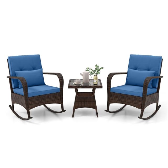 3-Piece PE Rattan Rocking Bistro Set with Removable Cushions & Tempered Glass Table, Outdoor Patio Furniture Set for Porch, Poolside, Backyard
