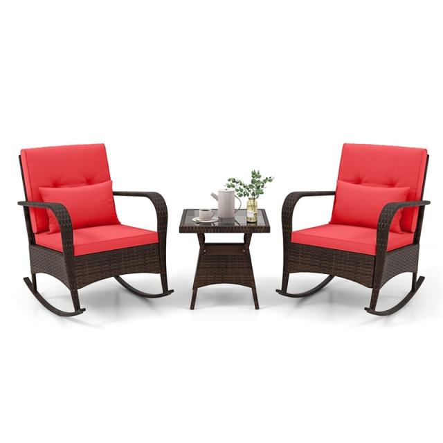 3-Piece PE Rattan Rocking Bistro Set with Removable Cushions & Tempered Glass Table, Outdoor Patio Furniture Set for Porch, Poolside, Backyard