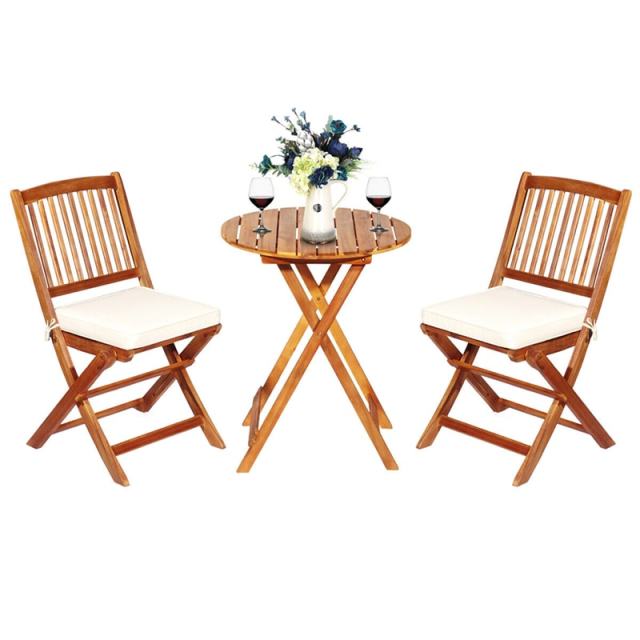 3PCS Patio Bistro Set Acacia Wood Folding Bistro Table Chair Set with Padded Cushions for Outdoor Garden Yard