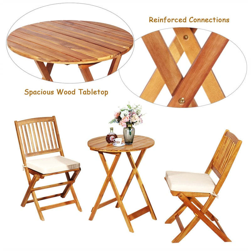 3PCS Patio Bistro Set Acacia Wood Folding Bistro Table Chair Set with Padded Cushions for Outdoor Garden Yard