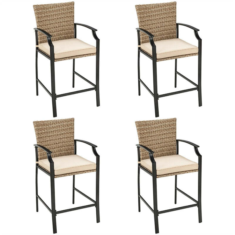 Patio Rattan Bar Stools Set of 4 Outdoor Wicker Counter Height Bar Chairs with Soft Cushions, High Backrests, Curved Armrests for Garden Poolside