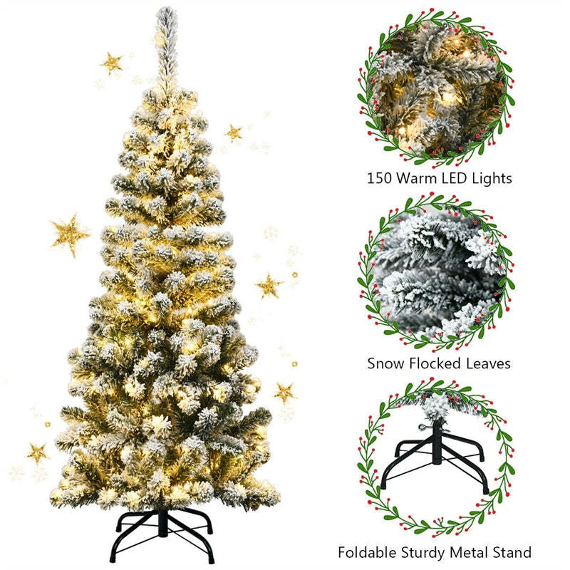 4.5ft Pre-lit Snow Flocked Artificial Pencil Christmas Tree with 150 LED Lights and Metal Stand