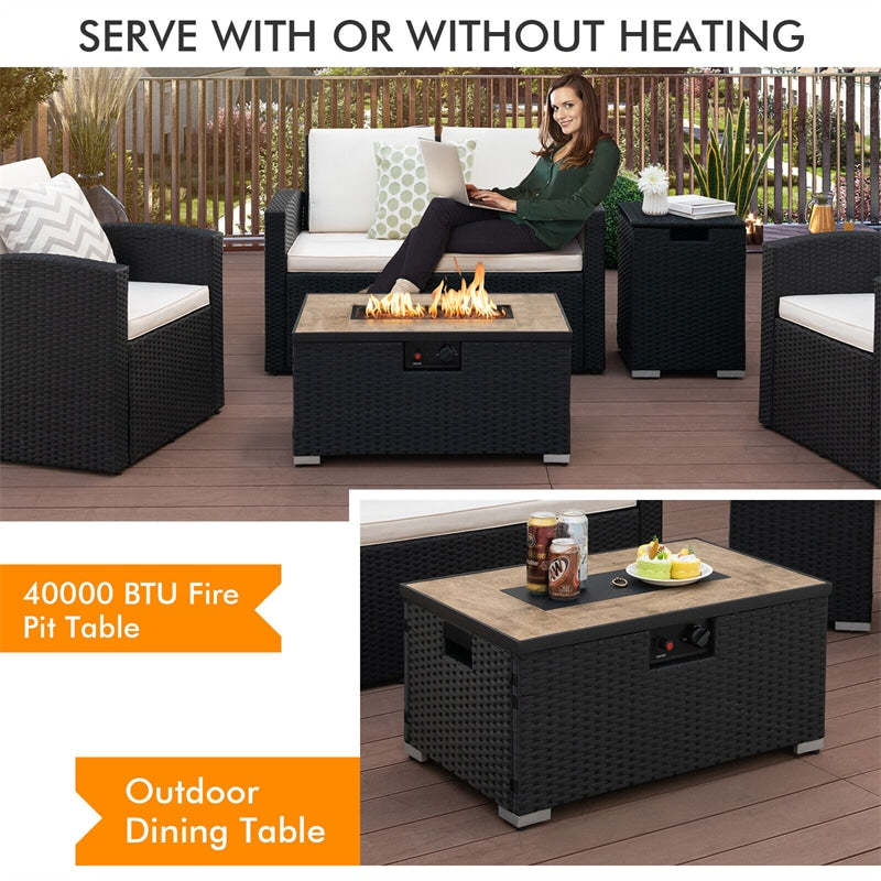 2-Piece Rattan Outdoor Fire Pit Table Set with Hideaway Tank Holder, Lava Rocks & Cover, 40,000BTU Wicker Propane Fire Table for Patio, Backyard