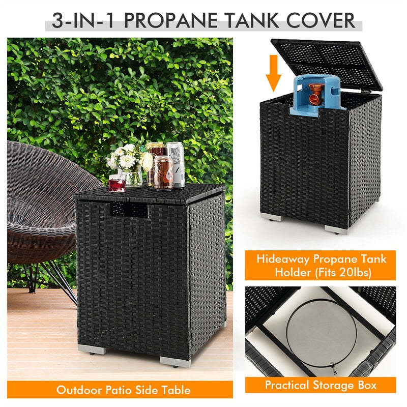 2-Piece Rattan Outdoor Fire Pit Table Set with Hideaway Tank Holder, Lava Rocks & Cover, 40,000BTU Wicker Propane Fire Table for Patio, Backyard