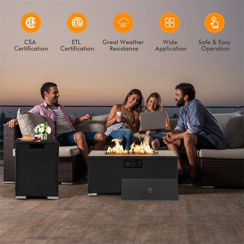 2-Piece Rattan Outdoor Fire Pit Table Set with Hideaway Tank Holder, Lava Rocks & Cover, 40,000BTU Wicker Propane Fire Table for Patio, Backyard