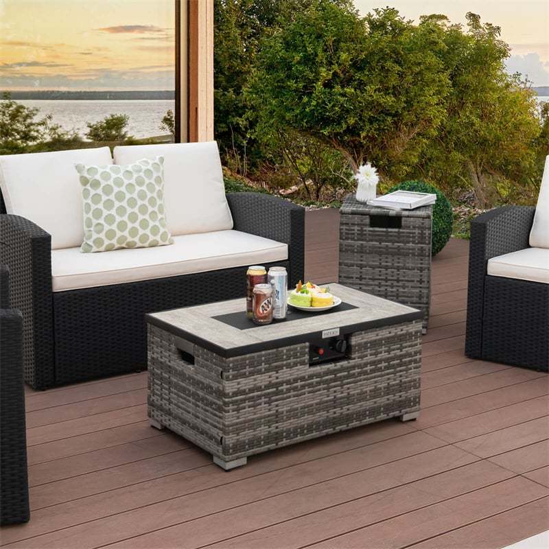 2-Piece Rattan Outdoor Fire Pit Table Set with Hideaway Tank Holder, Lava Rocks & Cover, 40,000BTU Wicker Propane Fire Table for Patio, Backyard