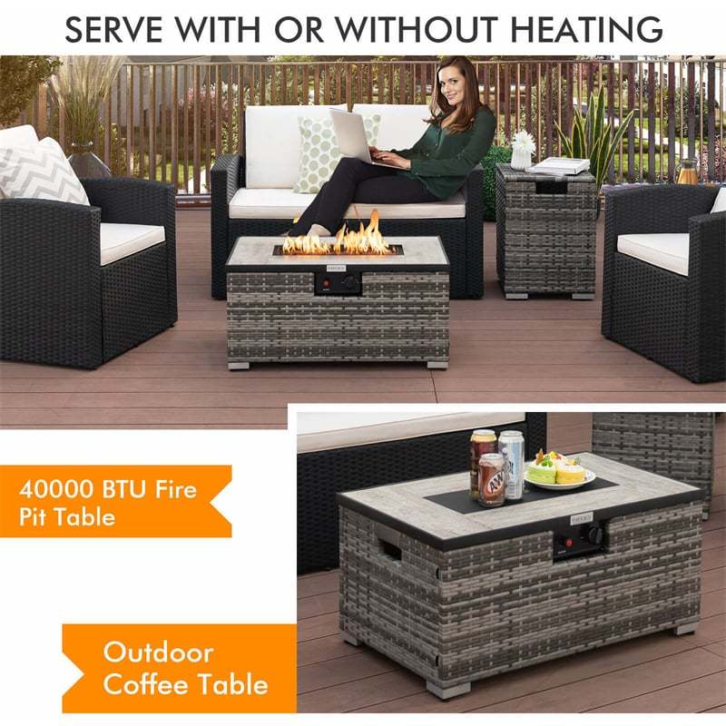 2-Piece Rattan Outdoor Fire Pit Table Set with Hideaway Tank Holder, Lava Rocks & Cover, 40,000BTU Wicker Propane Fire Table for Patio, Backyard