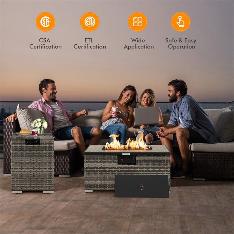 2-Piece Rattan Outdoor Fire Pit Table Set with Hideaway Tank Holder, Lava Rocks & Cover, 40,000BTU Wicker Propane Fire Table for Patio, Backyard