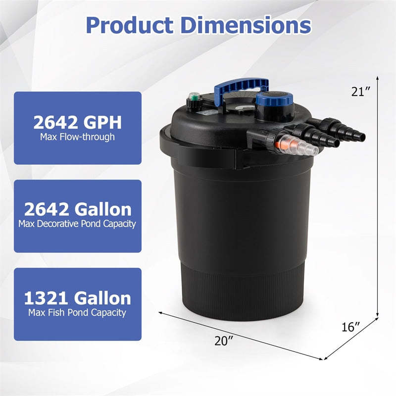 4000 Gallon Bio Pressure Pond Filter with 13W UV-C Sterilizer Light, Bio Balls & 4 Adapters, 2642GPH Filter System for Koi Ponds, Outdoor Water Garden