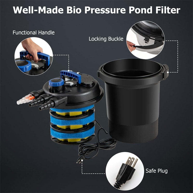 4000 Gallon Bio Pressure Pond Filter with 13W UV-C Sterilizer Light, Bio Balls & 4 Adapters, 2642GPH Filter System for Koi Ponds, Outdoor Water Garden
