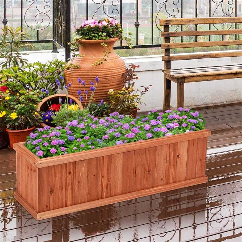 Wooden Raised Garden Bed, Outdoor Rectangle Planter Box with Drainage Holes for Flowers, Vegetables & Fruits, Backyard Patio Wood Planter