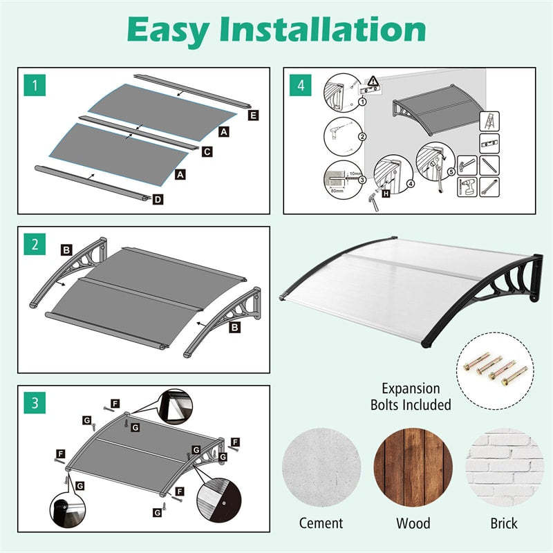 40" x 48" Window Awning, Modern Polycarbonate Overhead Door Awning Canopy with Hollow Sheet for Rain Snow Sunlight UV Protection UPF 50+