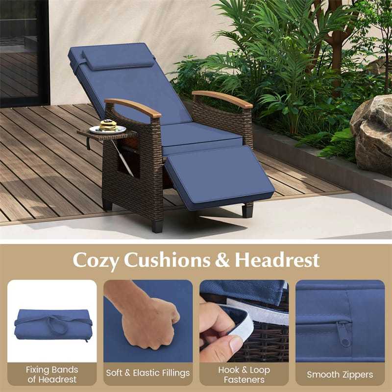 Outdoor Wicker Recliner Chair with Adjustable Backrest, Footrest, Flip Side Table & Cushion, Patio Rattan Chaise Lounge for Backyard Porch