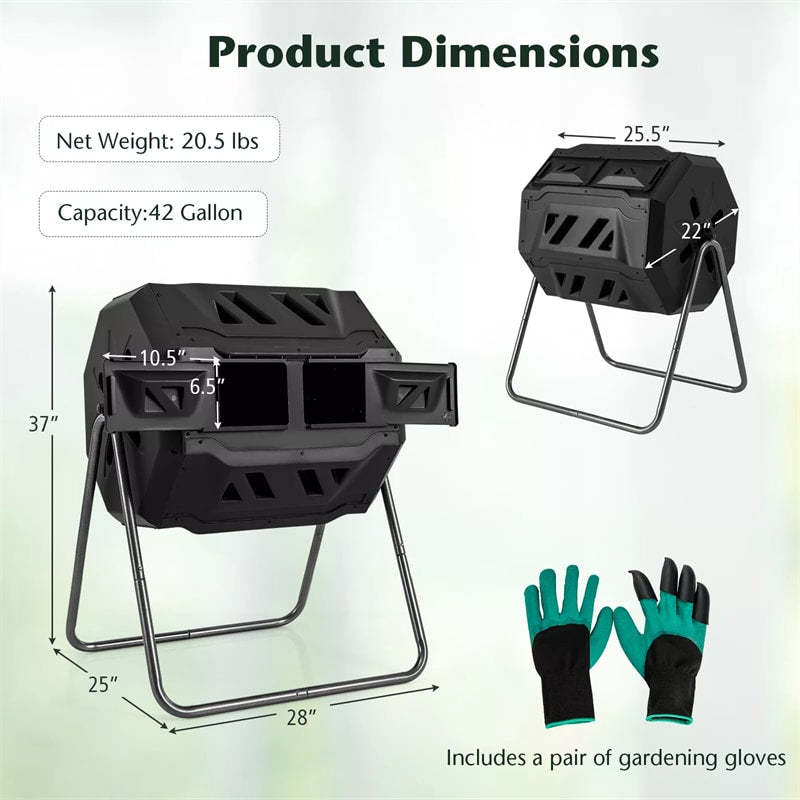 42-Gallon Dual Chamber Compost Tumbler, Rotating Outdoor Composter with Sliding Doors & Gloves, Metal Frame Compost Barrel for Garden Yard