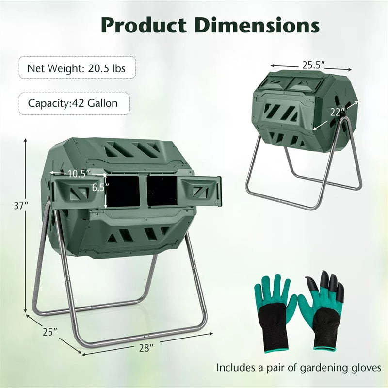 42-Gallon Dual Chamber Compost Tumbler, Rotating Outdoor Composter with Sliding Doors & Gloves, Metal Frame Compost Barrel for Garden Yard