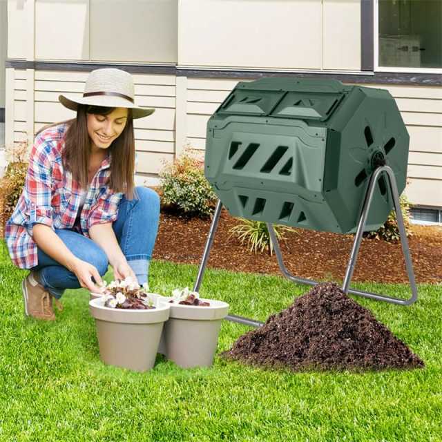 42-Gallon Dual Chamber Compost Tumbler, Rotating Outdoor Composter with Sliding Doors & Gloves, Metal Frame Compost Barrel for Garden Yard