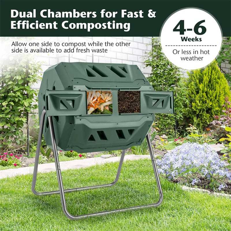 42-Gallon Dual Chamber Compost Tumbler, Rotating Outdoor Composter with Sliding Doors & Gloves, Metal Frame Compost Barrel for Garden Yard