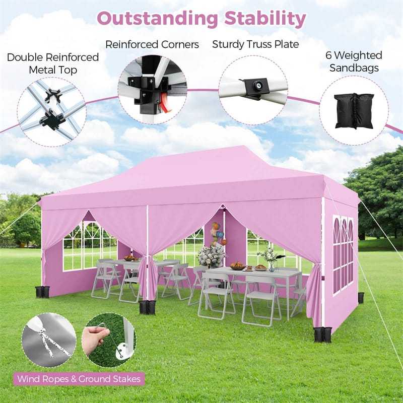 10x20FT Pop Up Canopy with 6 Removable Sidewalls/Windows, 8-Pack Sandbags & Carrying Bag, UPF50+ Sun Protection Tent for Outdoor Wedding Party