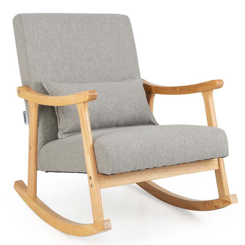 Upholstered Rocking Chair with Rubber Wood Frame, Lumbar Pillow, Padded Seat & Backrest, Modern Rocker for Living Room, Bedroom, Nursery, Office