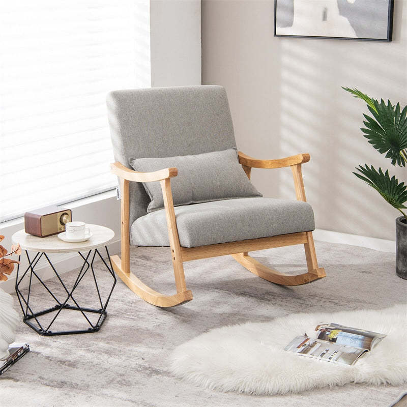 Upholstered Rocking Chair with Rubber Wood Frame, Lumbar Pillow, Padded Seat & Backrest, Modern Rocker for Living Room, Bedroom, Nursery, Office