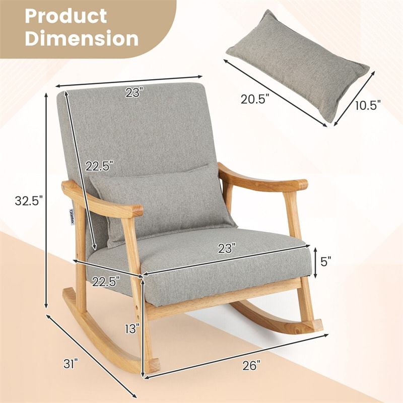 Upholstered Rocking Chair with Rubber Wood Frame, Lumbar Pillow, Padded Seat & Backrest, Modern Rocker for Living Room, Bedroom, Nursery, Office