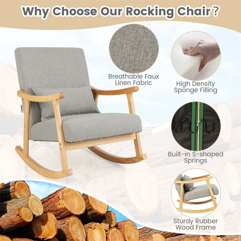 Upholstered Rocking Chair with Rubber Wood Frame, Lumbar Pillow, Padded Seat & Backrest, Modern Rocker for Living Room, Bedroom, Nursery, Office