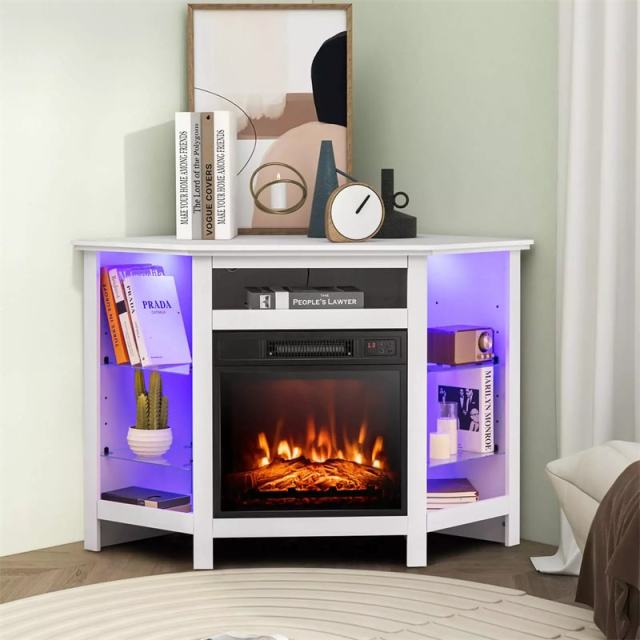 45" Corner Fireplace TV Stand for 50" TVs, Modern Fireplace Entertainment Center with 16-Color LED Lights, Smart APP Control, Adjustable Shelves