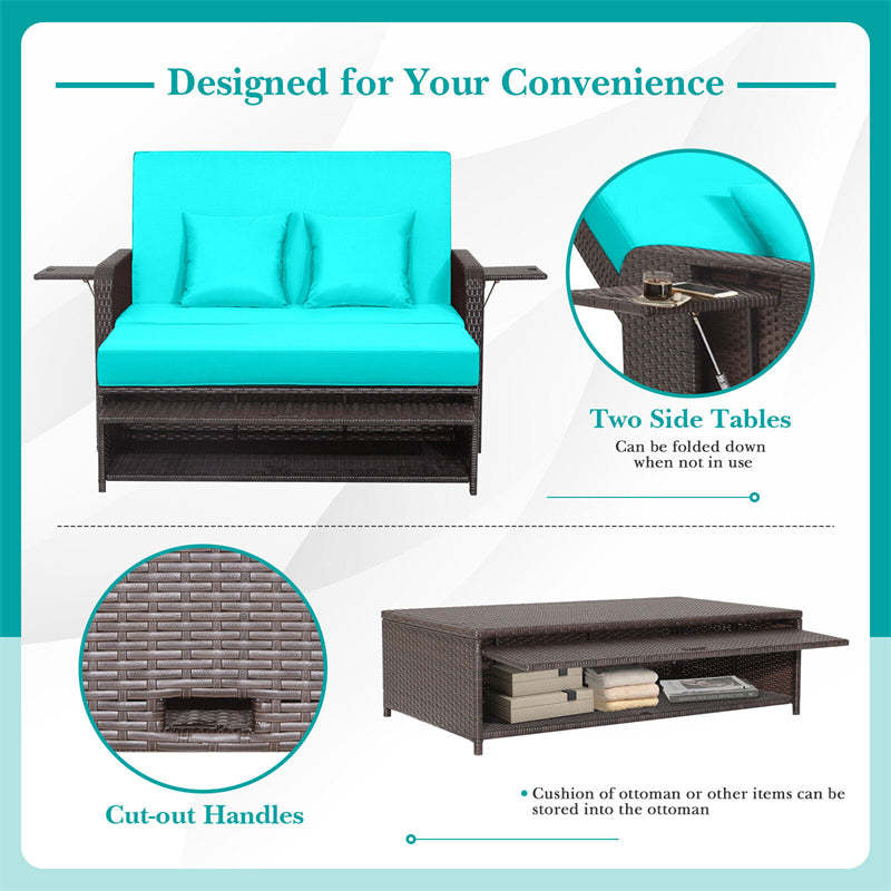 Patio Rattan Daybed Set, Outdoor Wicker Loveseat Sofa w/Multipurpose Ottoman, Retractable Side Tray, 4-Level Adjustable Backrest & Cushions