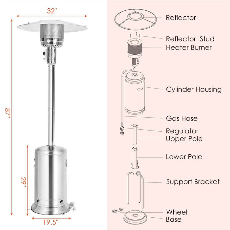 50,000 BTU Propane Patio Heater, Standing Outdoor LP Gas Heater with Wheels, Stainless Steel Burner & Tip-Over Protection for Garden Backyard