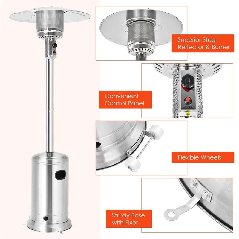50,000 BTU Propane Patio Heater, Standing Outdoor LP Gas Heater with Wheels, Stainless Steel Burner & Tip-Over Protection for Garden Backyard