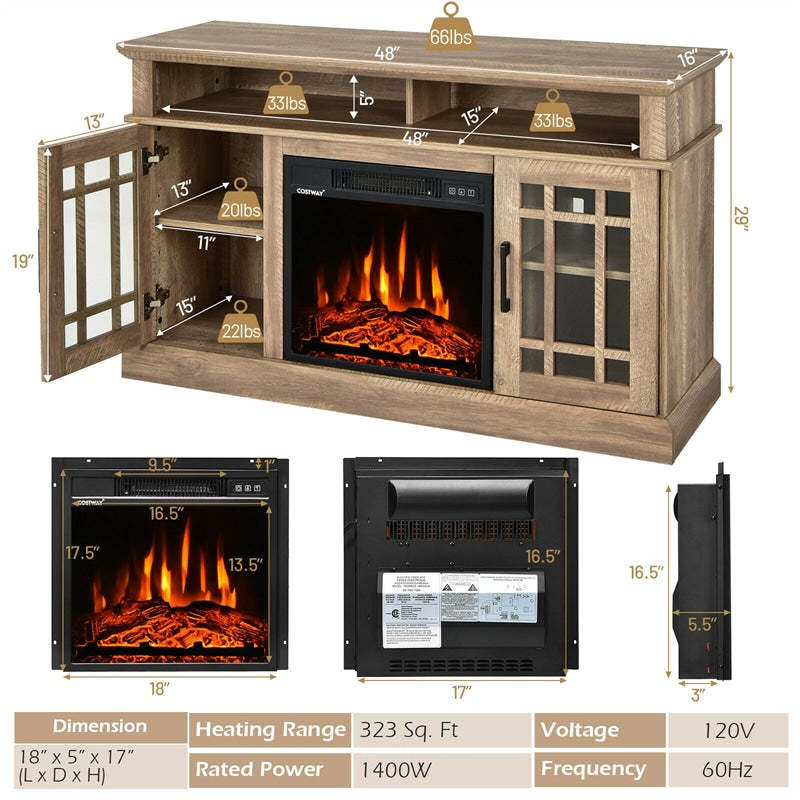 48" Fireplace TV Stand for TVs up to 50", Wood Entertainment Center TV Console with 18" Electric Fireplace, Remote Control, Adjustable Shelves