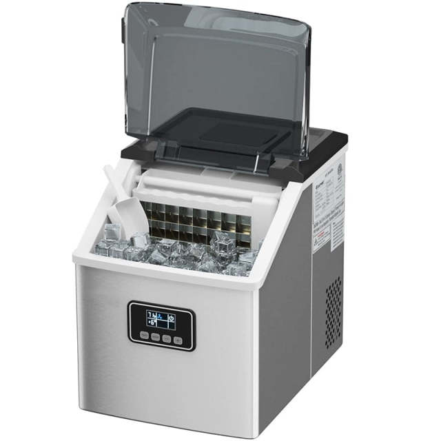 48LBS/24H Countertop Ice Maker, Portable Stainless Steel Ice Machine with Self-Cleaning, Timer Function, LCD Display, Ice Scoop Basket for Home Office
