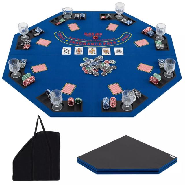 48" Folding Poker Table Top, 8-Player Portable Casino Card Game Top with Cup Holders, Chip Trays, Carrying Bag & Non-Slip Bottom for Family Fun