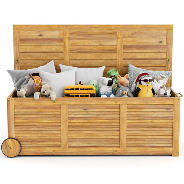 48 Gallon Acacia Wood Outdoor Storage Box with Wheels, Waterproof Cover & Side Handle, Patio Deck Box for Garden, Balcony, Yard, Poolside