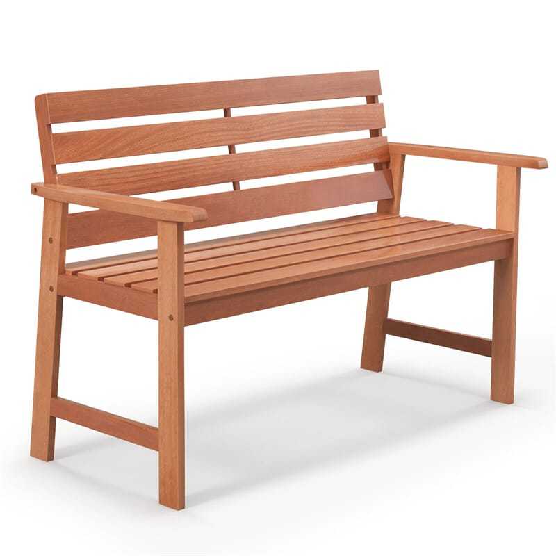 48" Solid Wood Patio Bench, Ergonomic 2-Seat Garden Bench with Slatted Seat & Inclined Backrest, Outdoor Loveseat for Backyard, Balcony