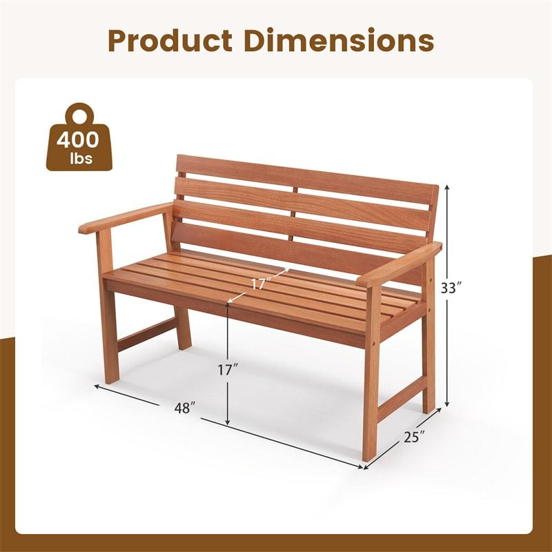 48" Solid Wood Patio Bench, Ergonomic 2-Seat Garden Bench with Slatted Seat & Inclined Backrest, Outdoor Loveseat for Backyard, Balcony