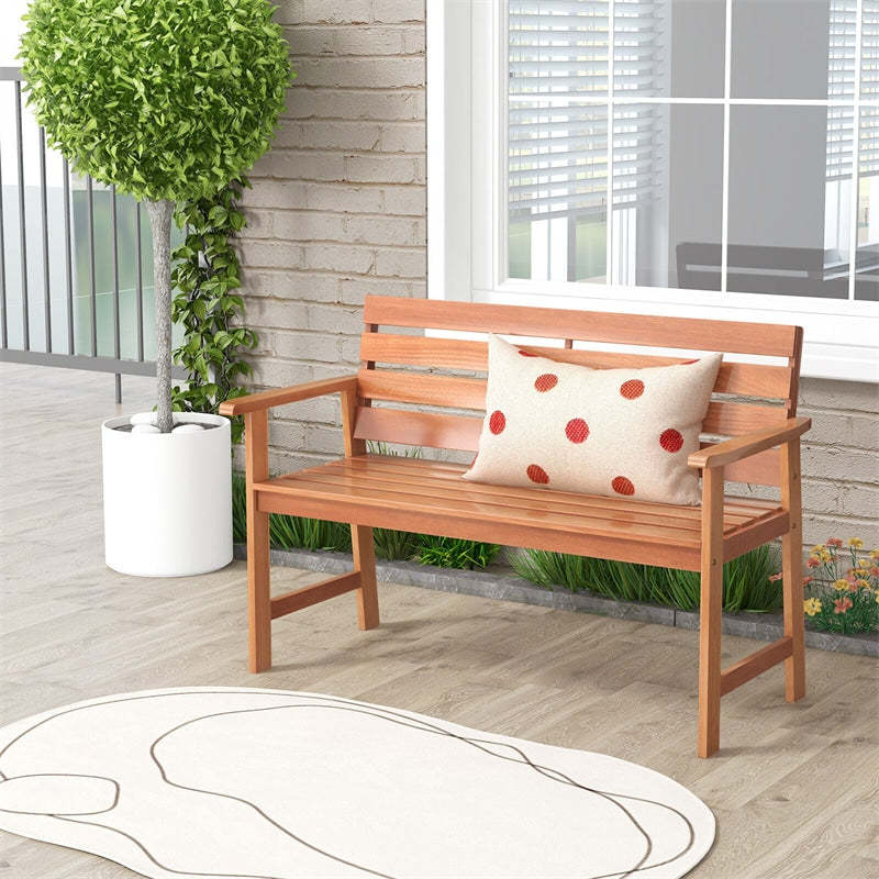 48" Solid Wood Patio Bench, Ergonomic 2-Seat Garden Bench with Slatted Seat & Inclined Backrest, Outdoor Loveseat for Backyard, Balcony