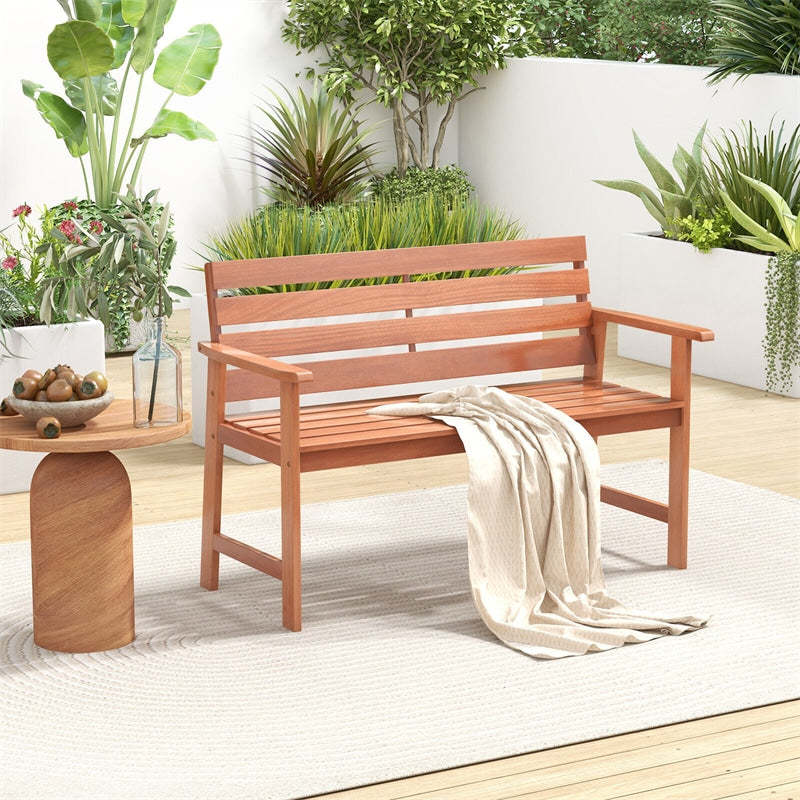 48" Solid Wood Patio Bench, Ergonomic 2-Seat Garden Bench with Slatted Seat & Inclined Backrest, Outdoor Loveseat for Backyard, Balcony