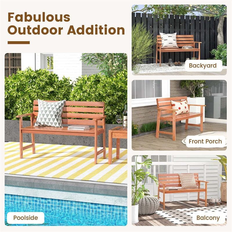 48" Solid Wood Patio Bench, Ergonomic 2-Seat Garden Bench with Slatted Seat & Inclined Backrest, Outdoor Loveseat for Backyard, Balcony