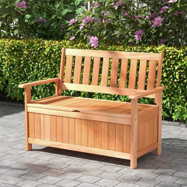 48 Inch Patio Storage Bench Wood Storage Loveseat Entryway Large Deck Box Storage Seat with 34.2 Gal Inner Space & Slatted Backrest