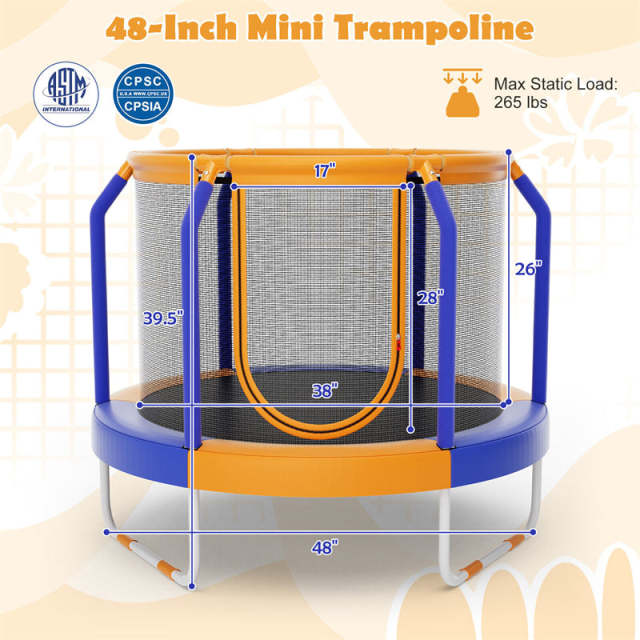 48" Round Mini Kids Trampoline Outdoor Indoor Toddler Trampoline with Enclosure Net & Heavy-duty Metal Frame U-shaped Legs
