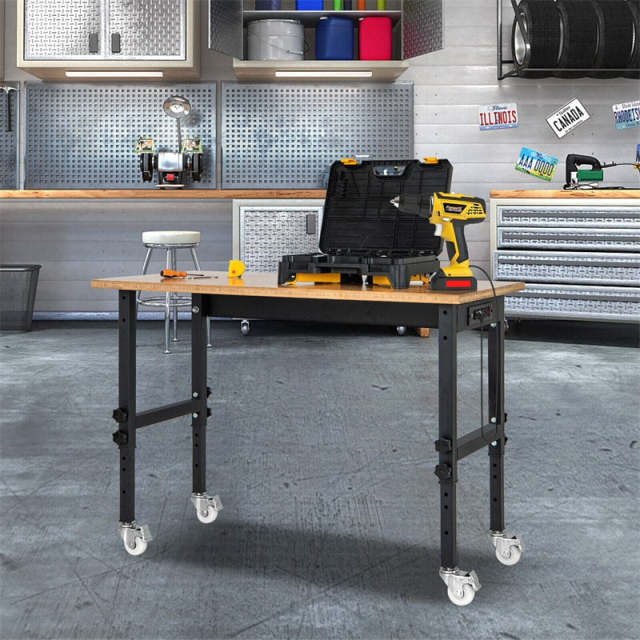 48" Heavy-Duty Mobile Workbench, Height Adjustable Work Table with Power Outlet, Removable Wheels, Bamboo Top for Garage Workshop, 2000 Lbs