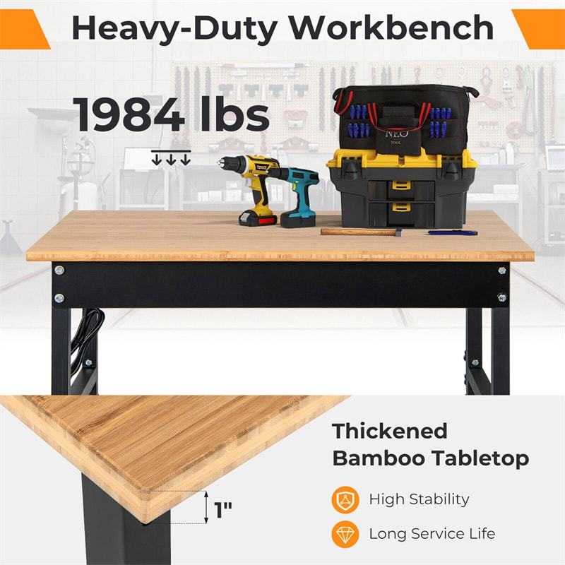 48" Heavy-Duty Mobile Workbench, Height Adjustable Work Table with Power Outlet, Removable Wheels, Bamboo Top for Garage Workshop, 2000 Lbs