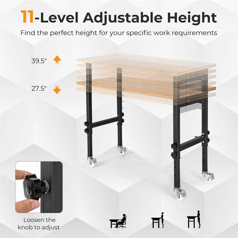 48" Heavy-Duty Mobile Workbench, Height Adjustable Work Table with Power Outlet, Removable Wheels, Bamboo Top for Garage Workshop, 2000 Lbs
