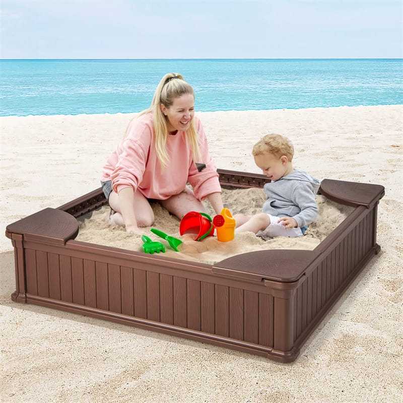 4FT Kids Sandbox, Weather Resistant HDPE Square Sand Pit with Oxford Cover & Bottom Liner for Outdoor Backyard, Lawn, Garden & Beach Play